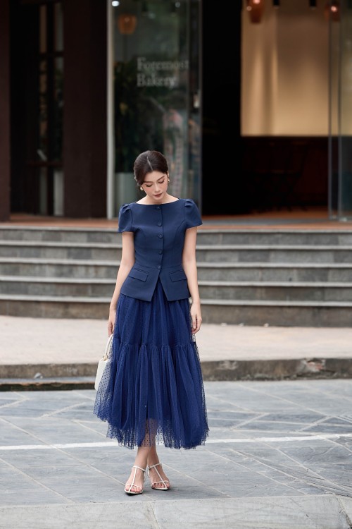 Sixdo Navy Mesh Flared Skirt